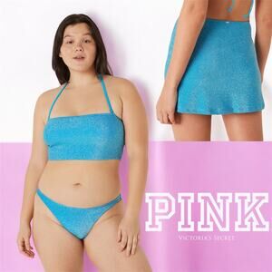 PINK 3 Piece Swim Size L Large Blue Shimmer NWOT Summer Swim Bathing Suit